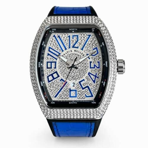 Franck Muller Vanguard Diamond Edition Blue Strap Silver Bezel White Dial